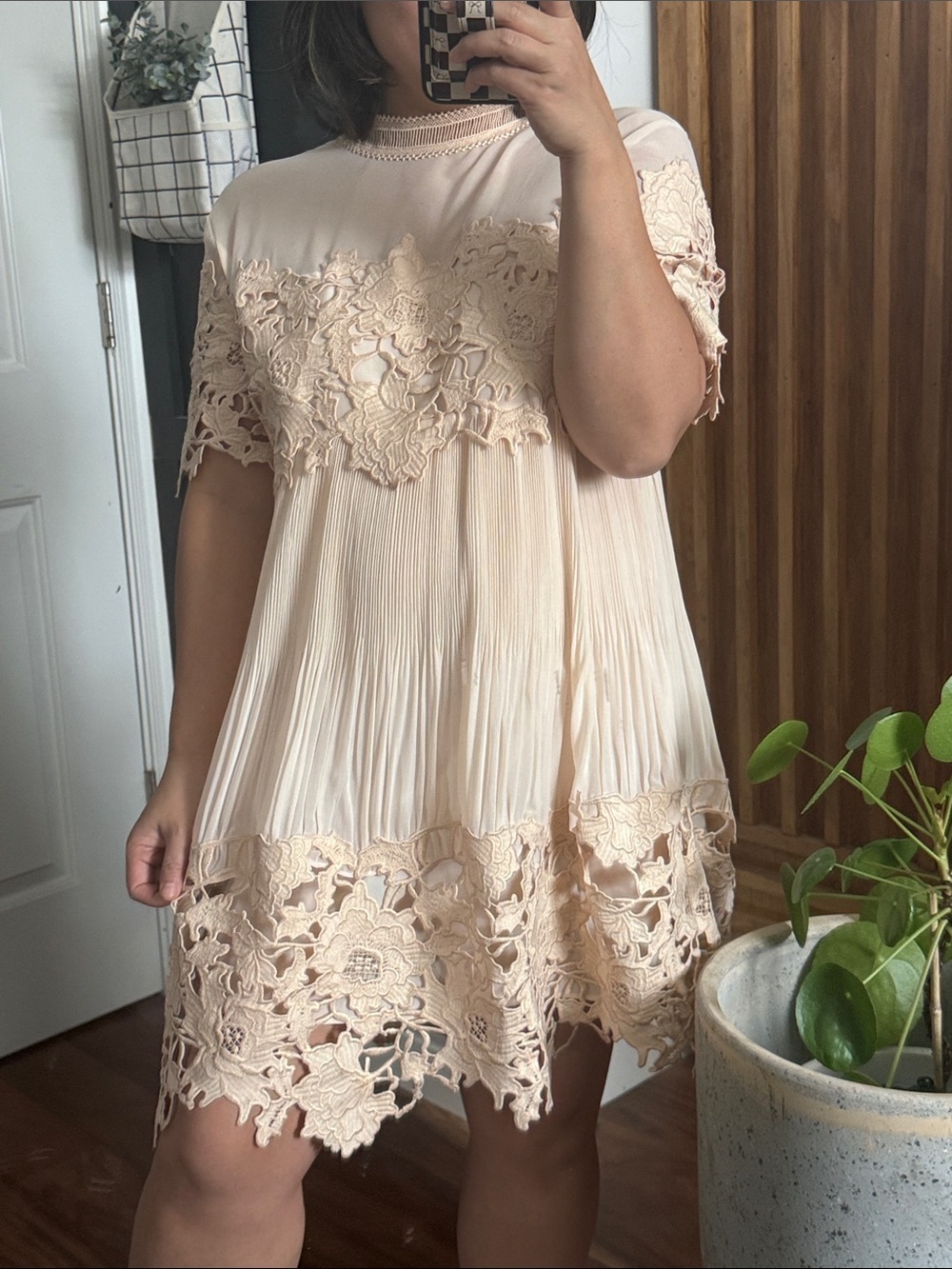 Free People Blush Cream Mini Dress with Floral Lace